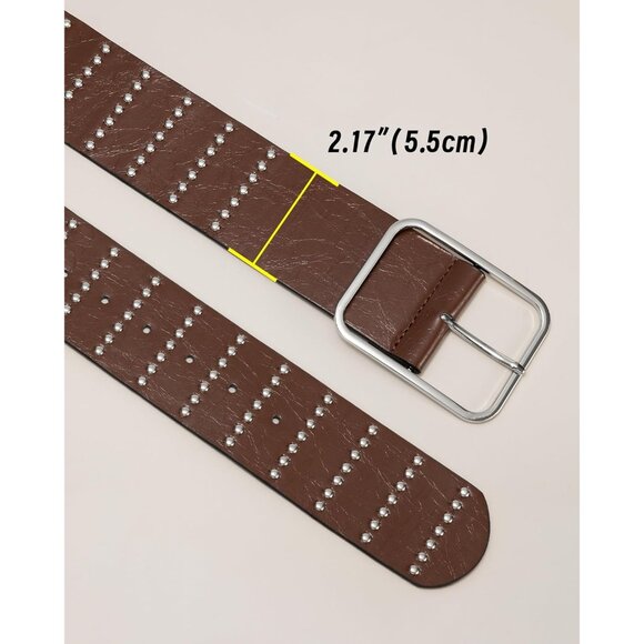 Women's Chunky Dress Thick Wide Studded Belts Brown Silver Buckle PU Leather - Picture 3 of 5